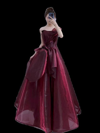 Ball Gown Strapless Burgundy Organza Prom Dresses Evening Dress P1991