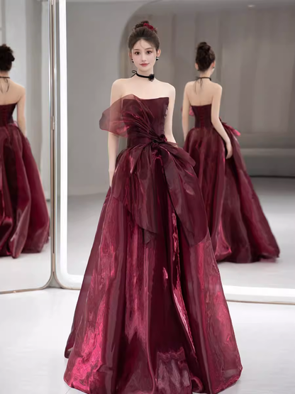 Ball Gown Strapless Burgundy Organza Prom Dresses Long Evening Dress P2023