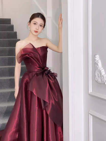 Ball Gown Strapless Burgundy Organza Prom Dresses Long Evening Dress P2023