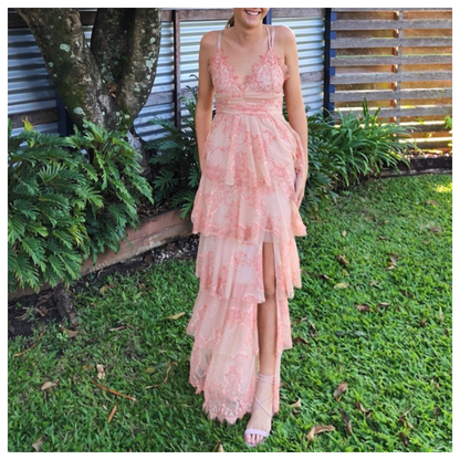 Sexy Sheath Lace Pink Prom Dress Ruffles Party Dresses P1610