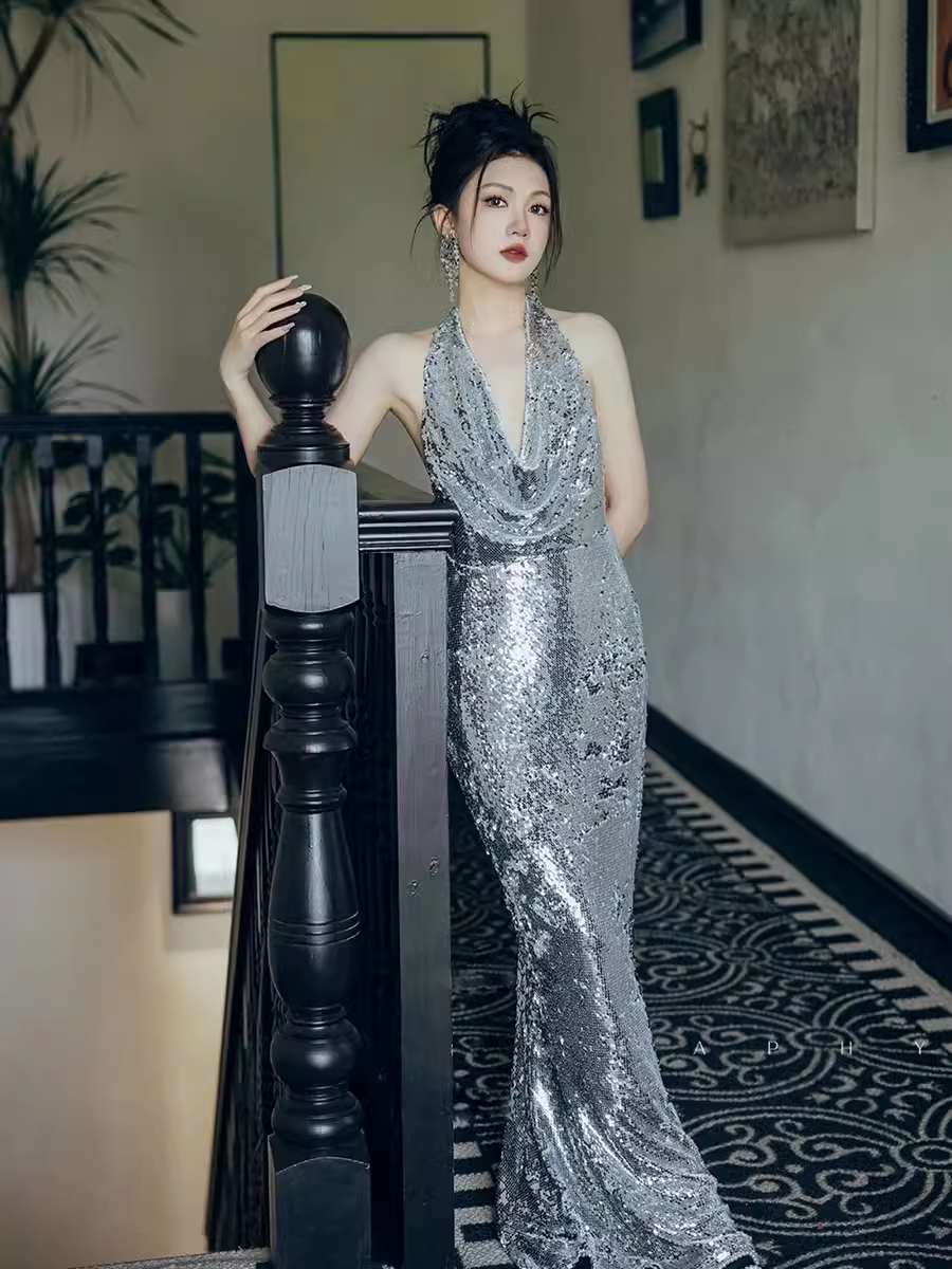 Sexy Mermaid Silver Sequin Prom Dresses Evening Dress P2155