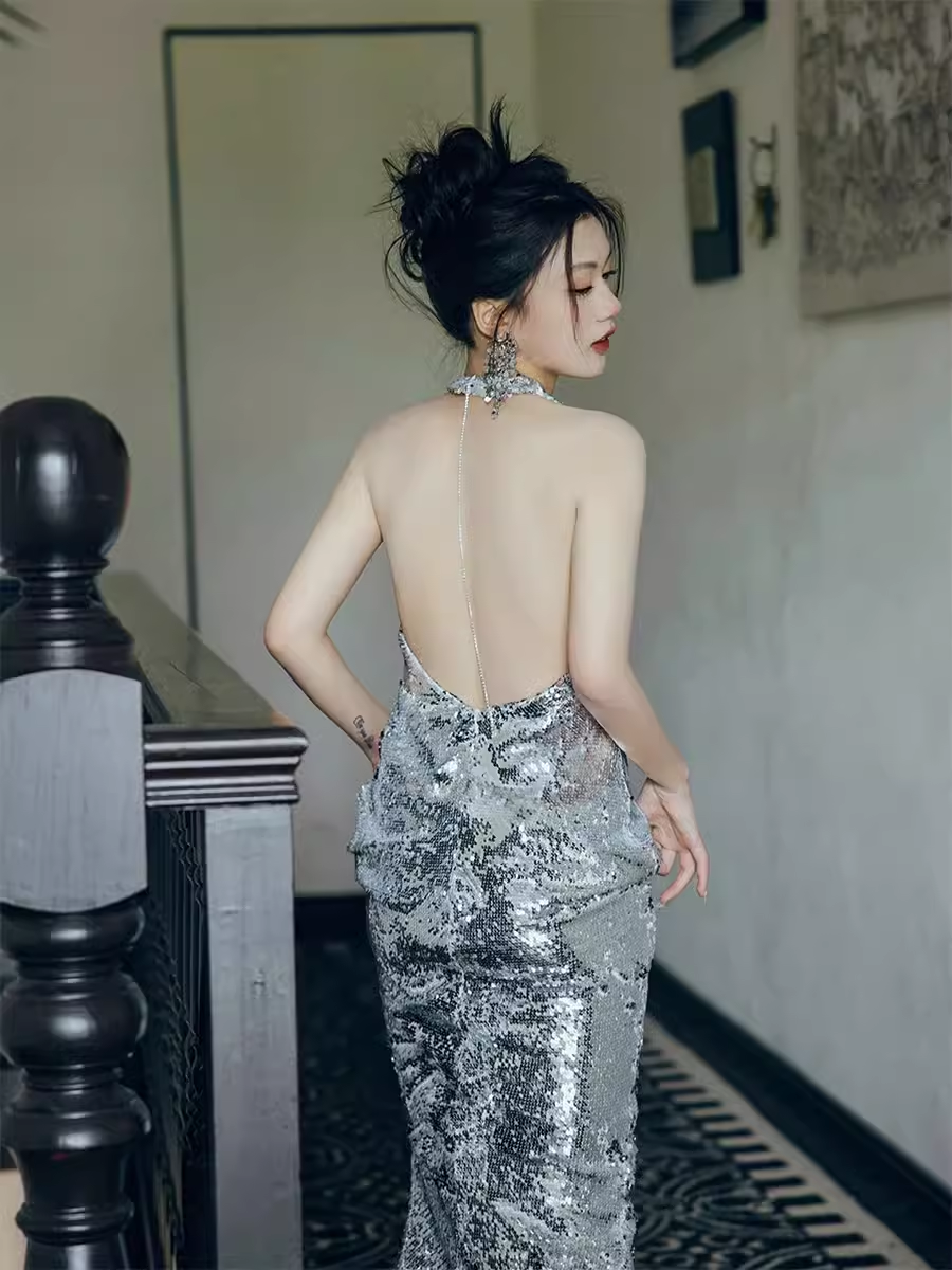 Sexy Mermaid Silver Sequin Prom Dresses Evening Dress P2155