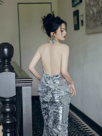 Sexy Mermaid Silver Sequin Prom Dresses Evening Dress P2155