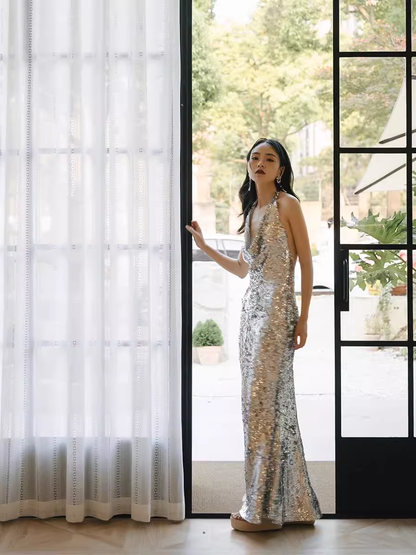 Sexy Mermaid Silver Sequin Prom Dresses Evening Dress P2155