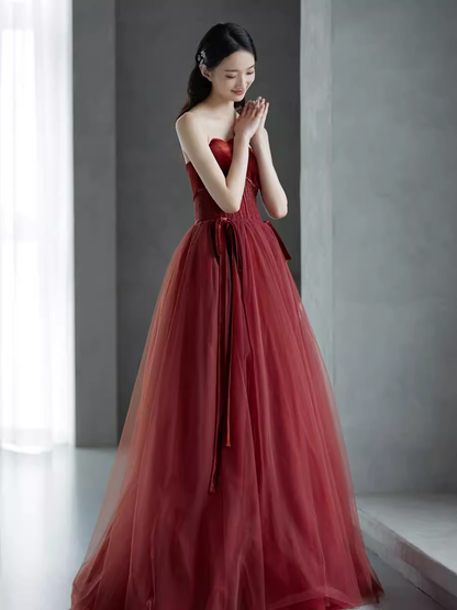A line Burgundy Strapless Prom Dresses Evening Dress P2157