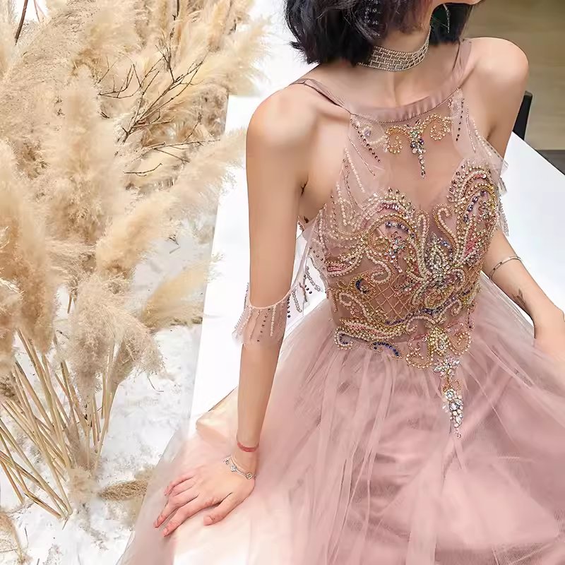 Simple A Line Pink Tulle Prom Dresses Evening Dress P2152
