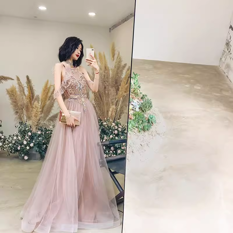 Simple A Line Pink Tulle Prom Dresses Evening Dress P2152