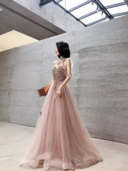 Simple A Line Pink Tulle Prom Dresses Evening Dress P2152