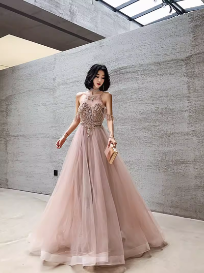 Simple A Line Pink Tulle Prom Dresses Evening Dress P2152