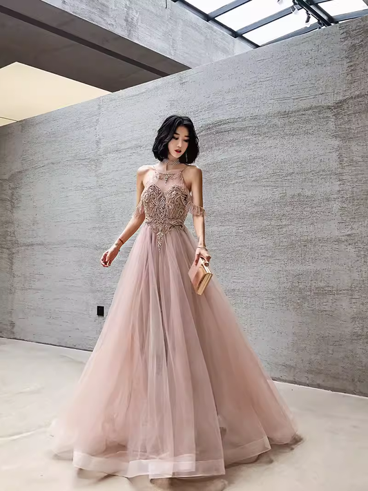 Simple A Line Pink Tulle Prom Dresses Evening Dress P2152