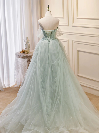 Off the Shoulder Green Tulle Long Prom Dresses P2199