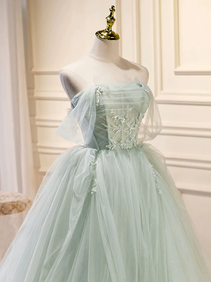 Off the Shoulder Green Tulle Long Prom Dresses P2199