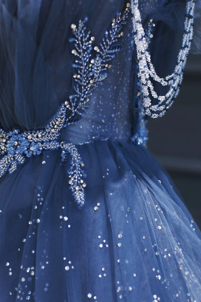 A line Royal Blue Tulle Beaded Long Senior Prom Dress P2206