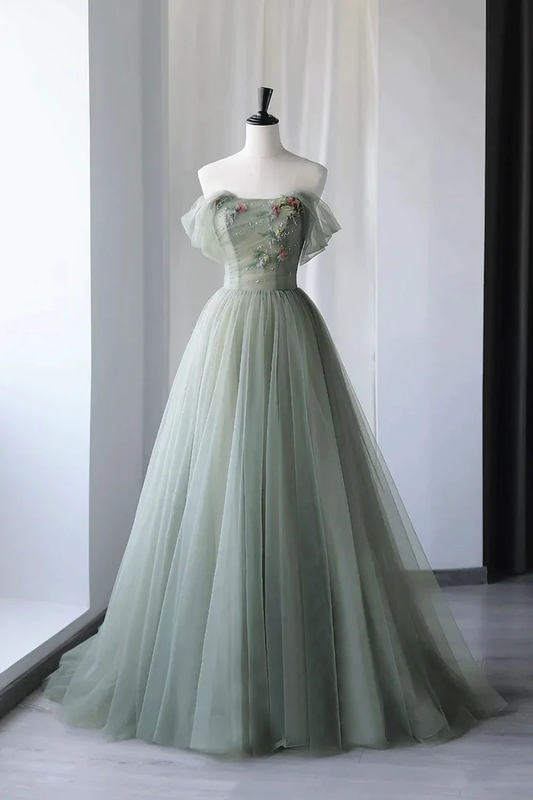 Cute Gray Green Tulle Long Prom Dress P2208