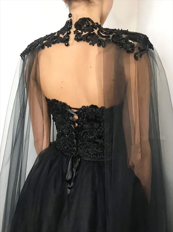 Vintage A line Beaded Strapless Tulle Long Prom Dress Black Formal Dress P1306