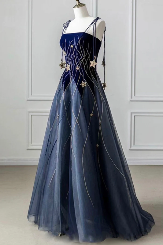 Elegant Navy Blue Spaghetti Strap Long Prom Dress with Star P2228