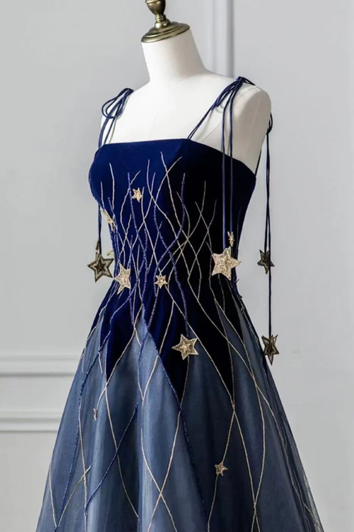 Elegant Navy Blue Spaghetti Strap Long Prom Dress with Star P2228