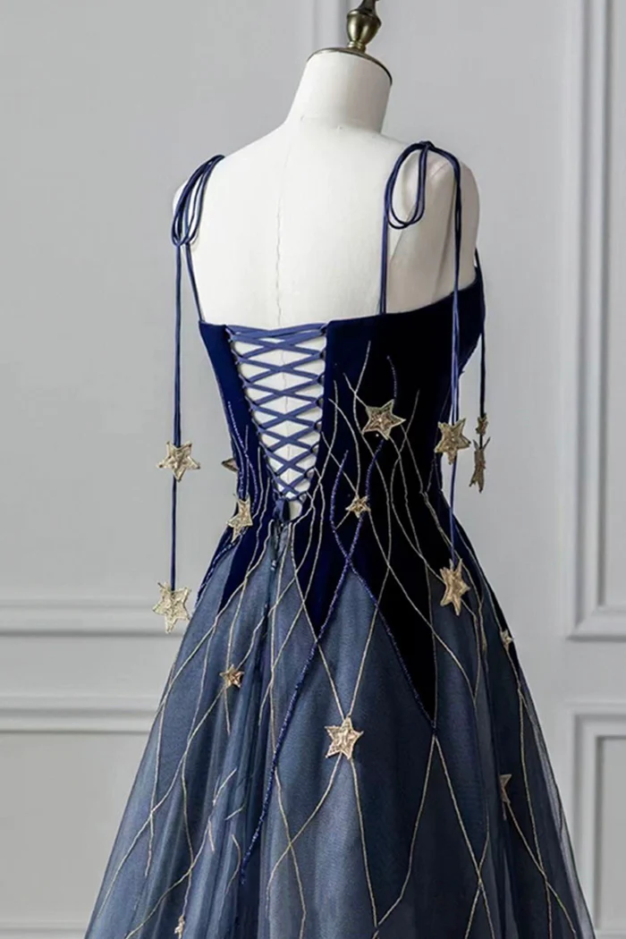 Elegant Navy Blue Spaghetti Strap Long Prom Dress with Star P2228