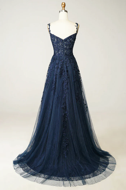 Beautiful A line Spaghetti Straps Navy Blue Lace Prom Dresses Formal Dress P2229