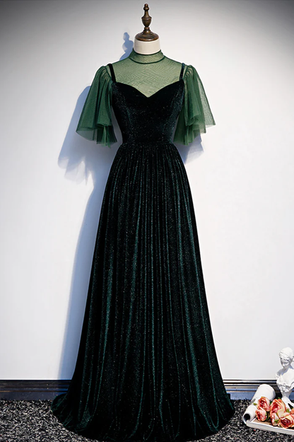 Green Velvet Long A-Line Prom Dress Evening Dresses P2231
