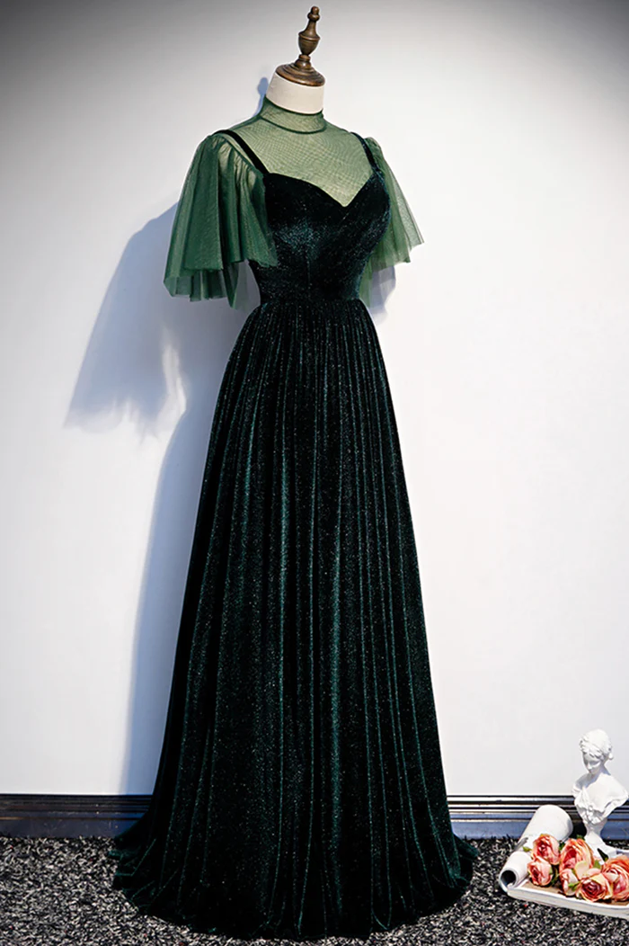 Green Velvet Long A-Line Prom Dress Evening Dresses P2231