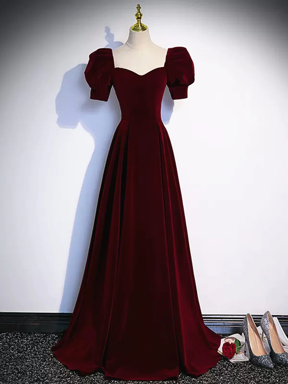 Cute Short Sleeves Burgundy Long Prom Dresses P2234