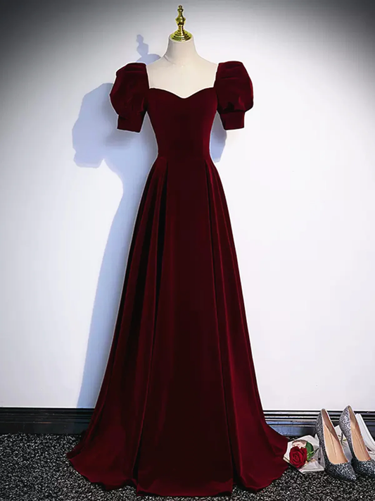 Cute Short Sleeves Burgundy Long Prom Dresses P2234