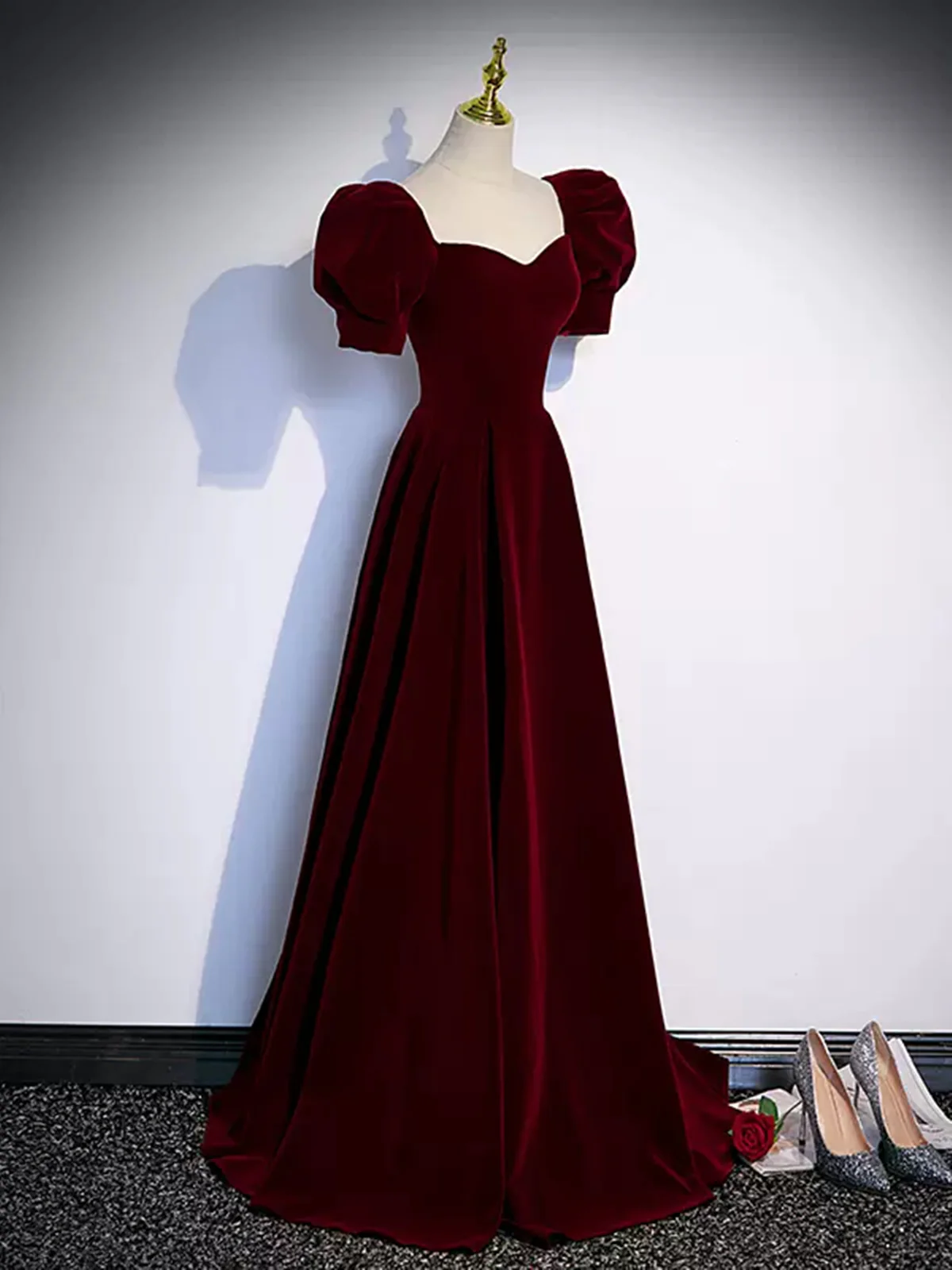 Cute Short Sleeves Burgundy Long Prom Dresses P2234