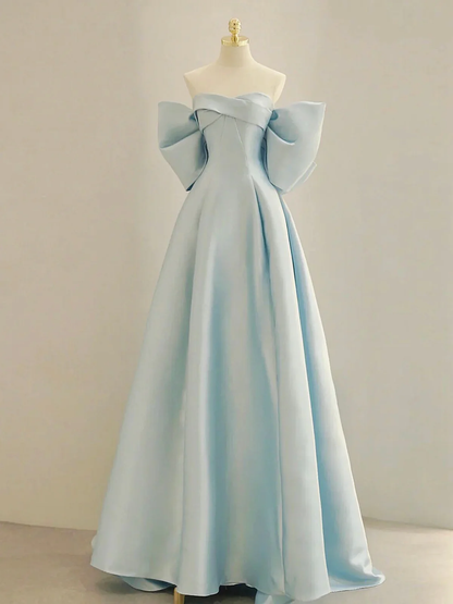 Simple A line Off the Shoulder Blue Satin Long Prom Dresses P2235