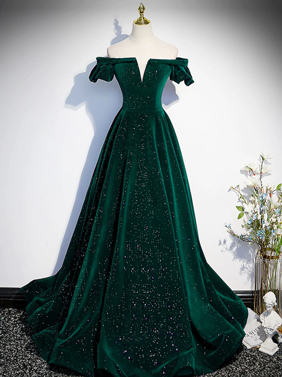 Simple A line Off the Shoulder Shiny Green Black Long Prom Dresses P2237