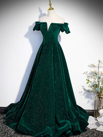 Simple A line Off the Shoulder Shiny Green Black Long Prom Dresses P2237