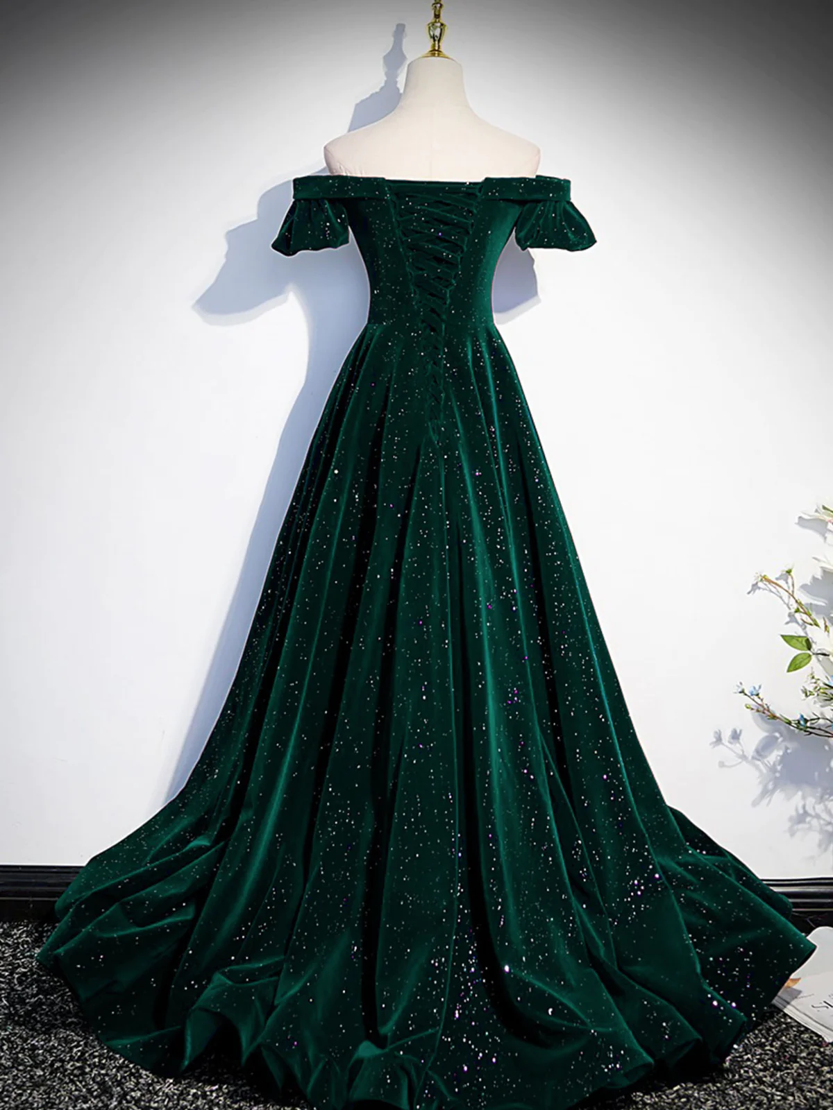 Simple A line Off the Shoulder Shiny Green Black Long Prom Dresses P2237