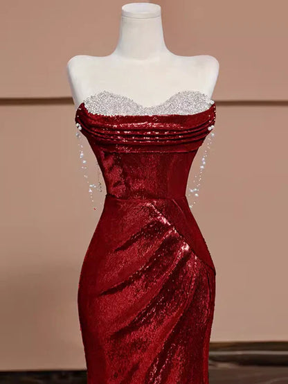 Burgundy gorgeous shiny sexy mermaid sequins long elegant floor-length ball gown evening dress gh3572