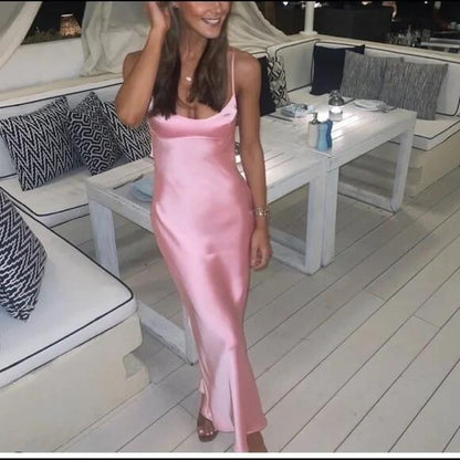 Simple A line Straps Sleeveless Party Dress Silk Satin Pink Prom Dress P845
