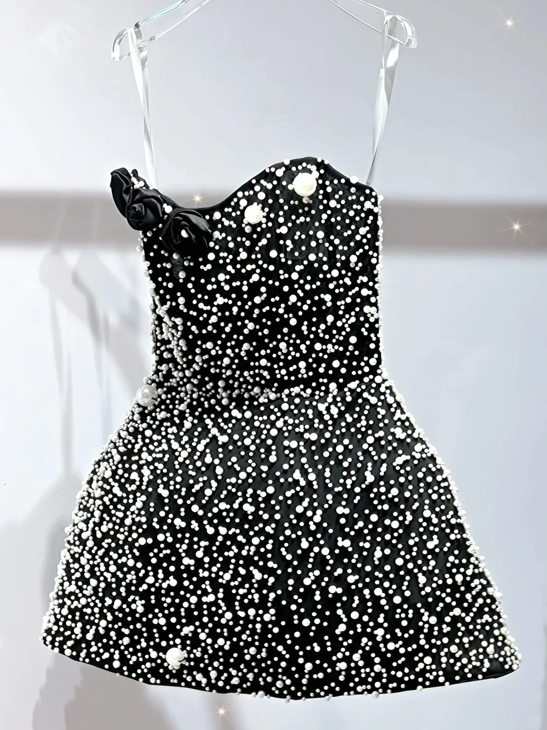 Gorgeous Strapless Black Satin Pearls Mini Birthday Outfits A Line Homecoming Dress S407
