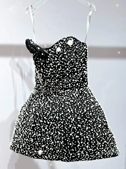 Gorgeous Strapless Black Satin Pearls Mini Birthday Outfits A Line Homecoming Dress S407