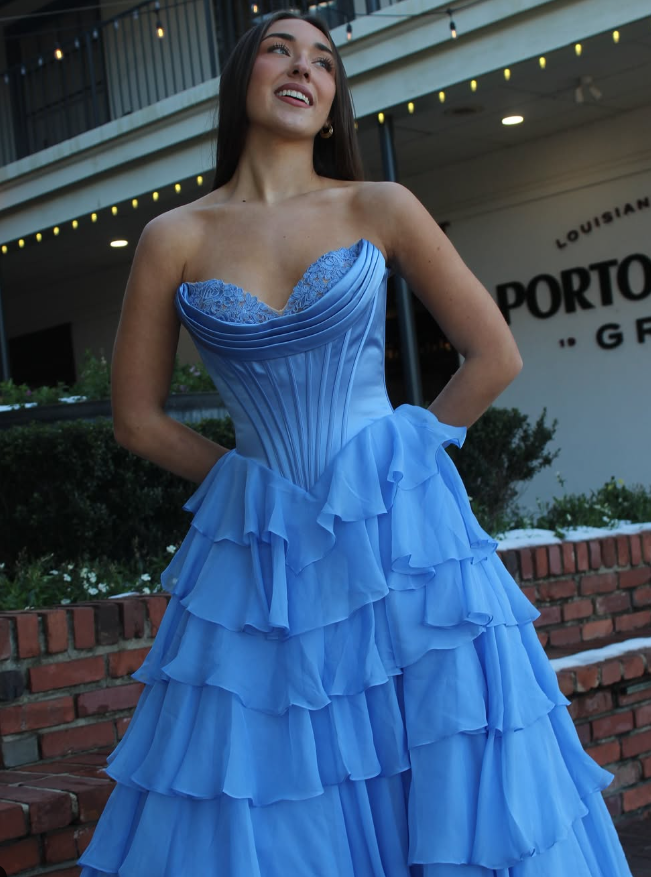 Unique A Line Sweetheart Neck Blue Lace Satin Chiffon Long Prom Dress Evening Dress SH2311