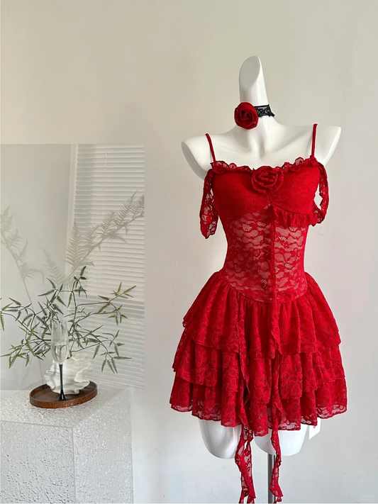 Stylish Red Lace Layered Homecoming Dress Spaghetti Strap Cocktail Dress Party Dress  S322