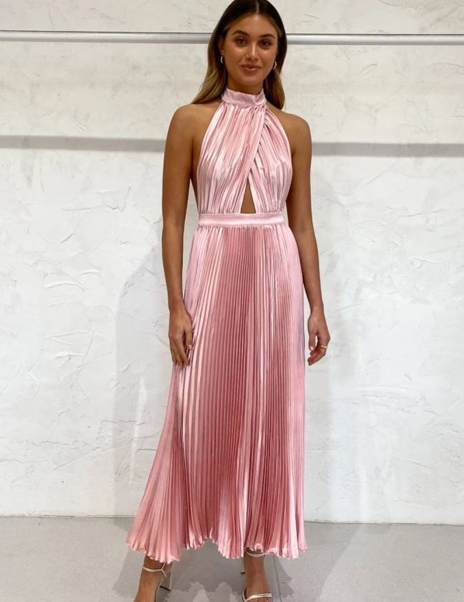 Elegant A Line Halter Light Pink Satin Long Prom Dress Evening Dress SH2050