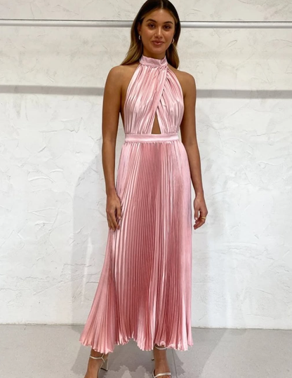 Elegant A Line Halter Light Pink Satin Long Prom Dress Evening Dress SH2050