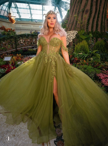 Fairy A Line Off the Shoulder Corset Appliques Green Tulle Prom Dress Evening Dress SH2180