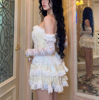 Sweet Sweetheart Neck Light Yellow Lace Layered Short Birthday Dress Formal 8th Grade Homecoming Dress S875