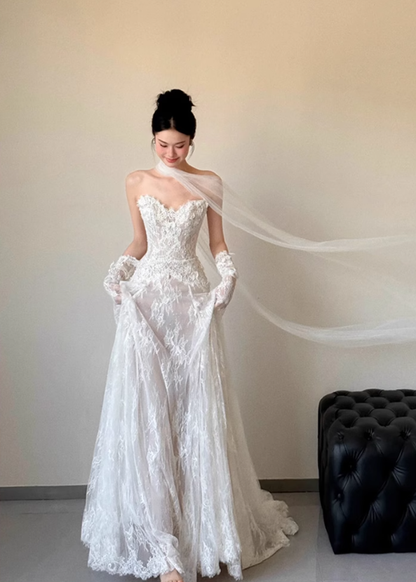 Simple Romantic A Line Sweetheart Neck White Lace Prom Dress Wedding Dress SH3665