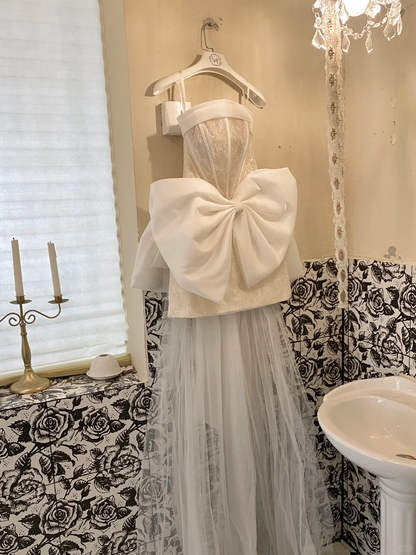 White Bow A Line Strapless Beaded Lace Satin Short Homecoming Dress Birthday Dress SH3859