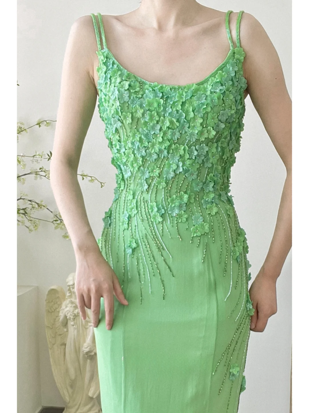Exquisite Green Sheath Spaghetti Strap 3D Floral Beaded Chiffon Long Prom Dress Formal Dress SH3868