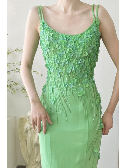 Exquisite Green Sheath Spaghetti Strap 3D Floral Beaded Chiffon Long Prom Dress Formal Dress SH3868