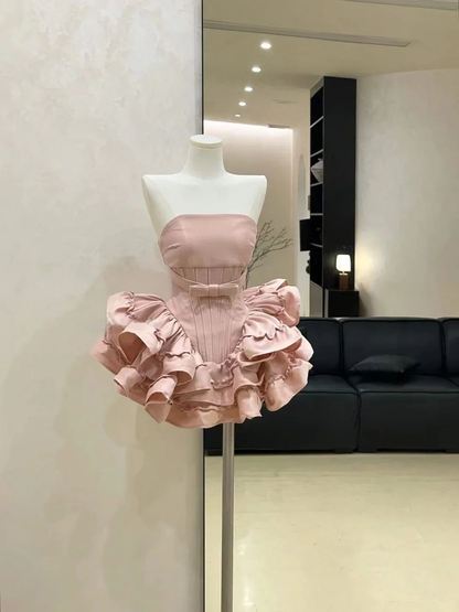 Classy Strapless Satin Ruffles Pleated Short Party Dress Black Homecoming Dress S418