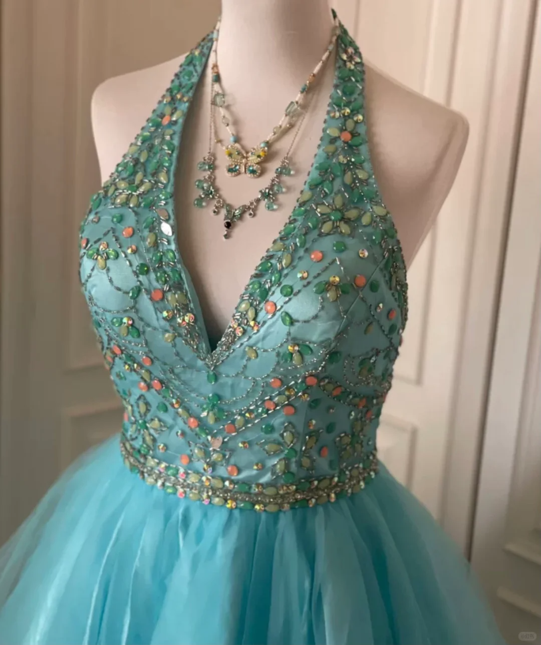 Vintage Blue Tulle Beaded Sleeveless A Line Birthday Dress Homecoming Dress S541