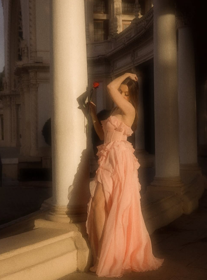 Princess A Line Sweetheart Neck Ruffle Light Pink Tulle Prom Dress Evening Dress with Slit SH2196