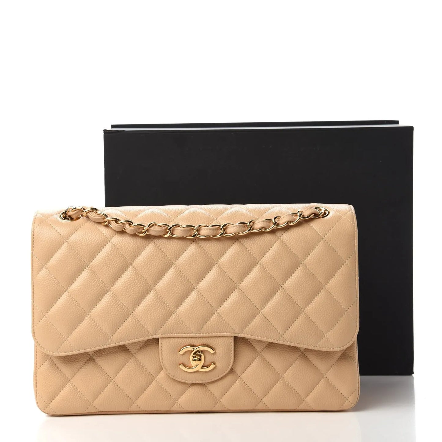CHANEL Caviar Quilted Jumbo Double Flap Light Beige